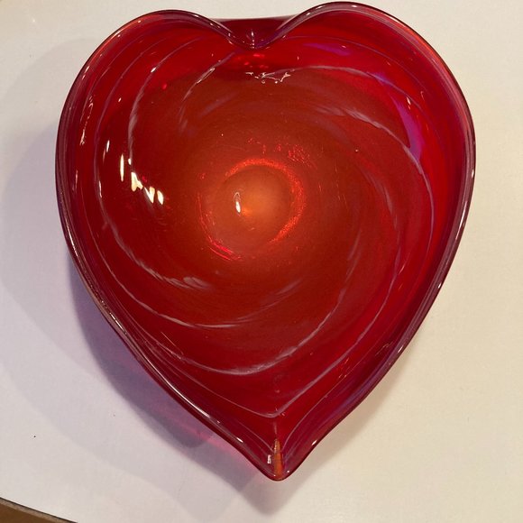 Source Unknown Other - Vintage Blown Art Glass Bowl Dish Heart Shaped Red Swirl 8x7" Murano Style Decor